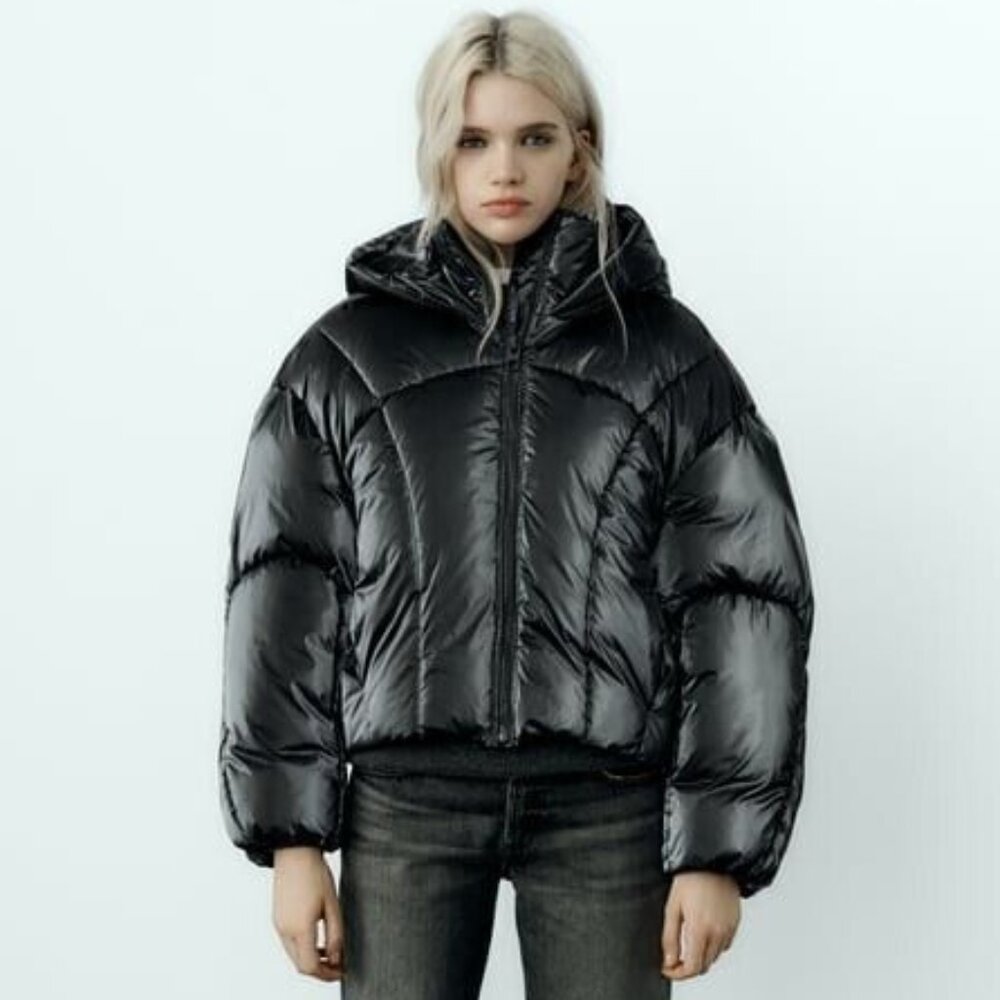 BLOGGER'S FAVE! Zara Black Shiny Puffer Jacket Coat Black NWT